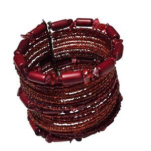 Handcrafted Red Orange Beaded Coil Bracelet Stacked Layers Chunky Beads Jewelry